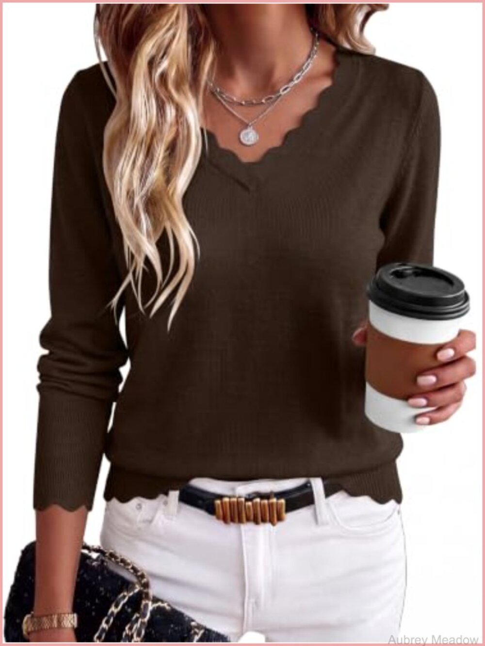Lightweight V-Neck Knit Sweater Pullover Scalloped Trim Long Sleeve